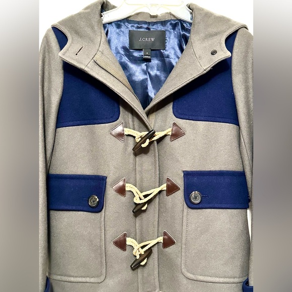 J Crew Duffel Coat Womens Green Blue Toggle Hooded Wool Blend 06287 Colorblock 0 - Picture 4 of 7